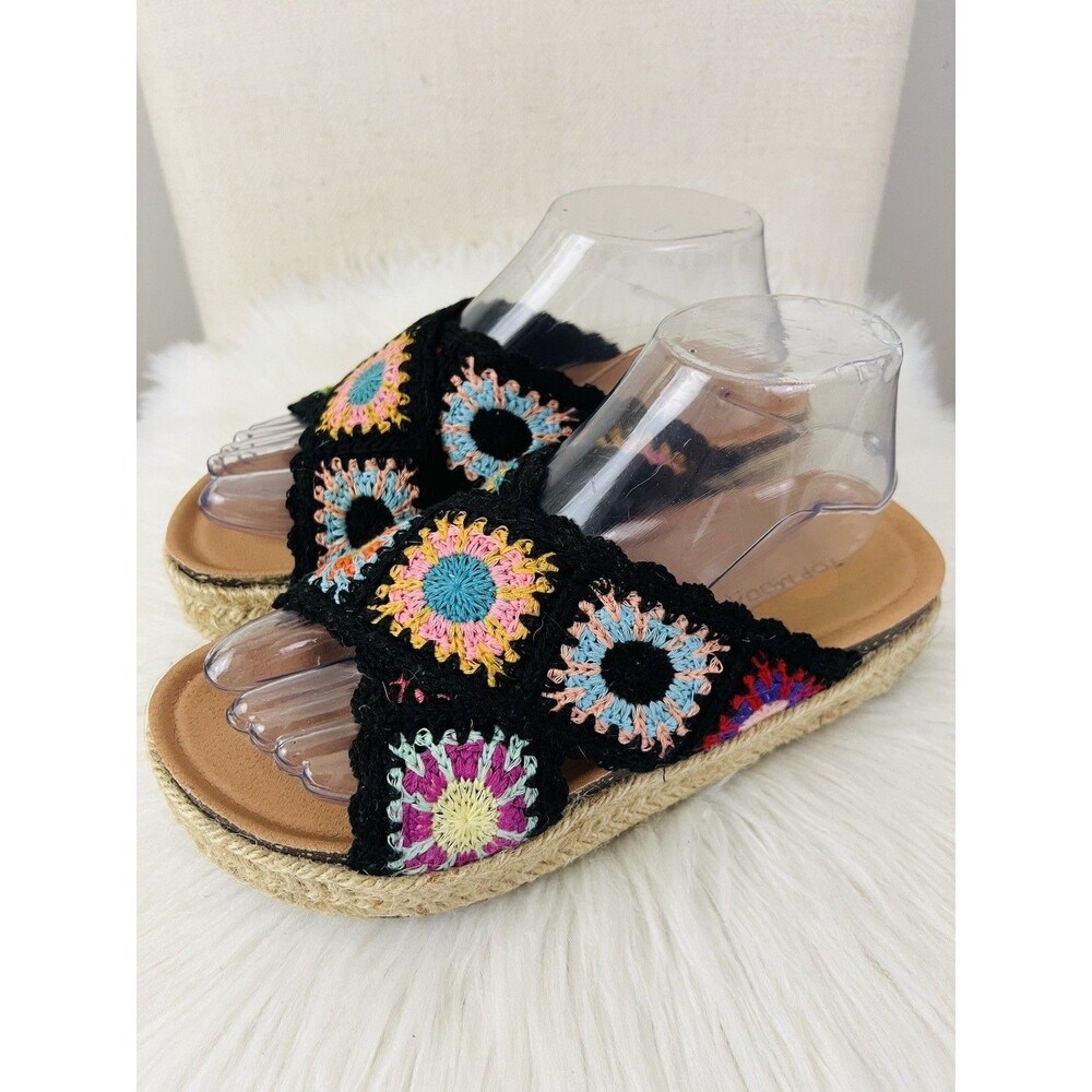 Top Moda Black Granny Square Crochet Espadrille Sandals Boho Size EU39 US8